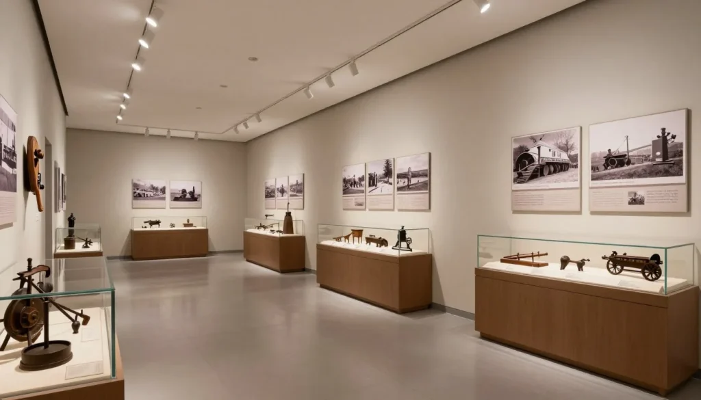 Museum interior displaying Western artifacts, mining equipment, and historical photographs with soft gallery lighting