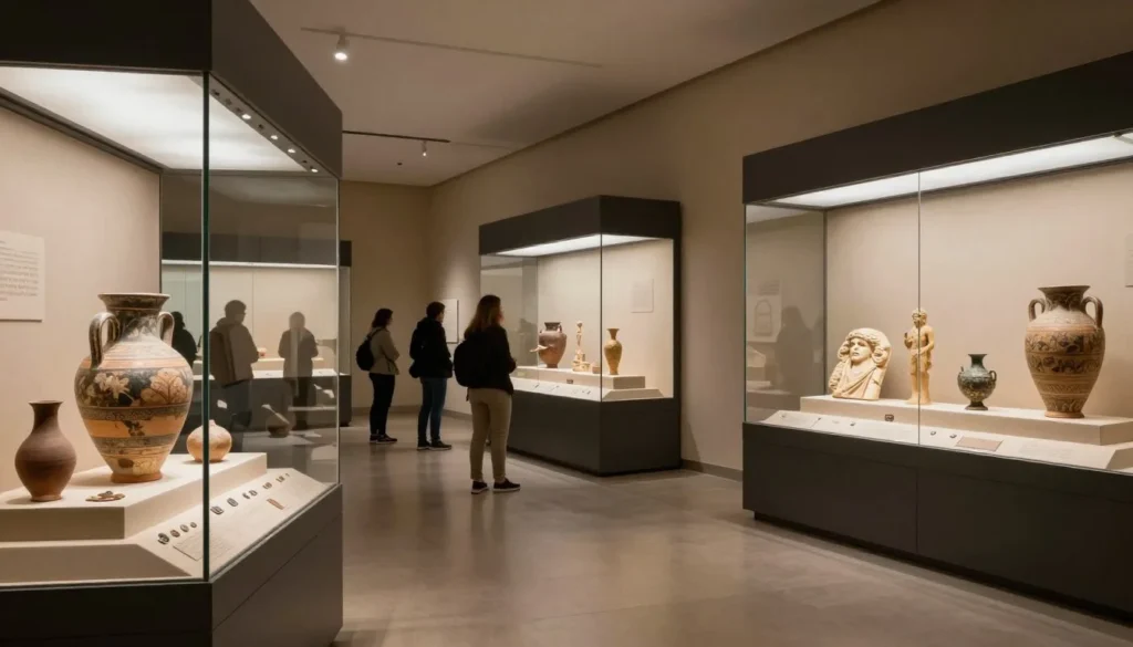 Museum interior displaying ancient Roman artifacts, pottery and archaeological finds from Beit Shean with visitors examining exhibits