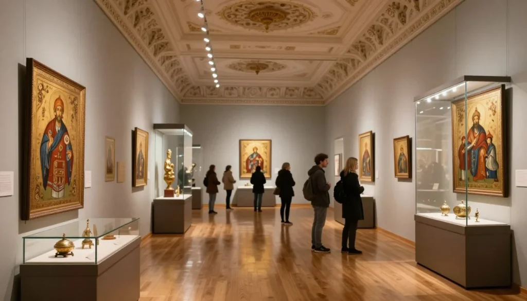 Museum interior displaying ancient Russian icons and artifacts