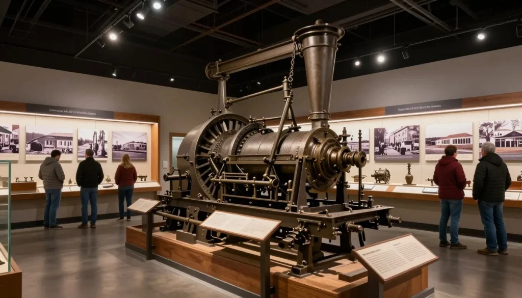 Museum interior displaying mining equipment and historical artifacts with diverse visitors Museum interior displaying mining equipment and historical artifacts with diverse visitors