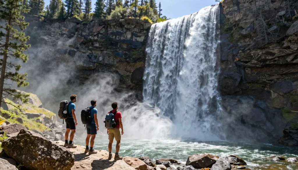 Mystic Falls waterfall with hikers viewing from rocky overlook