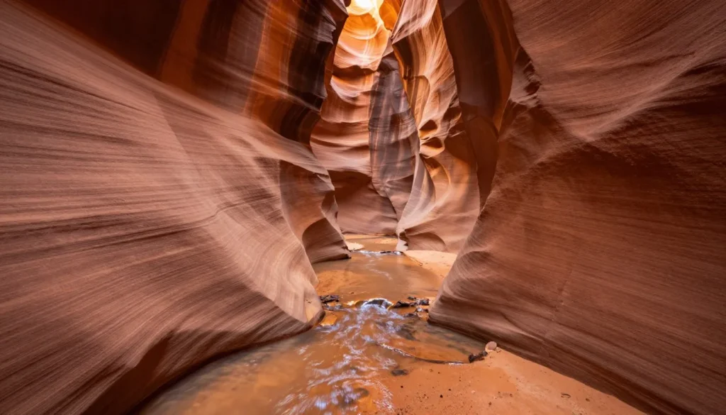 Narrow slot canyon interior with flowing water and smooth curved sandstone walls