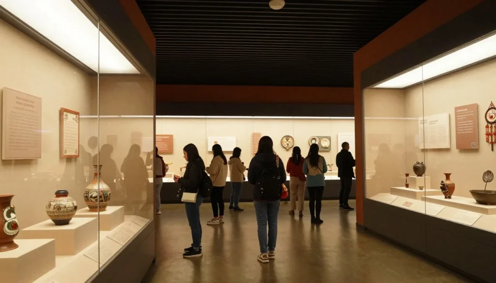 Native American cultural center interior with traditional artifacts and diverse visitors Native American cultural center interior with traditional artifacts and diverse visitors