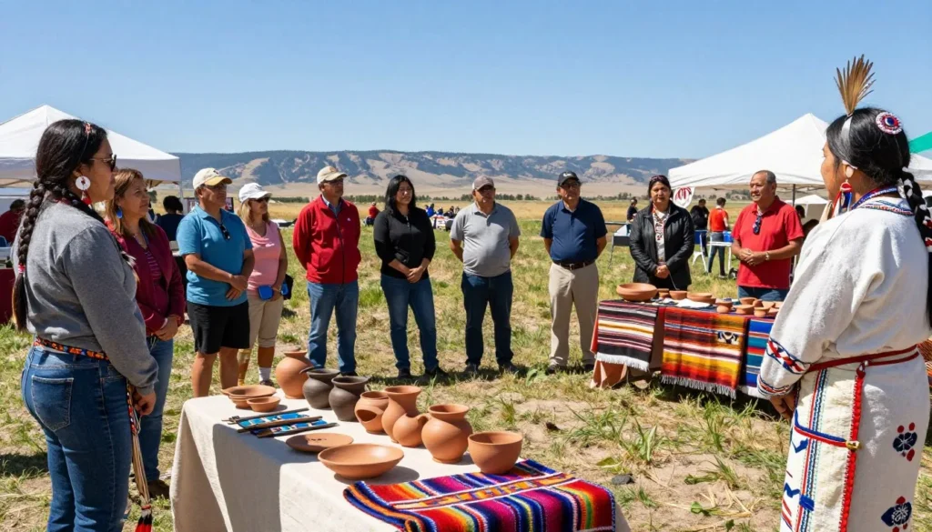 Native American cultural festival demonstration with diverse visitors