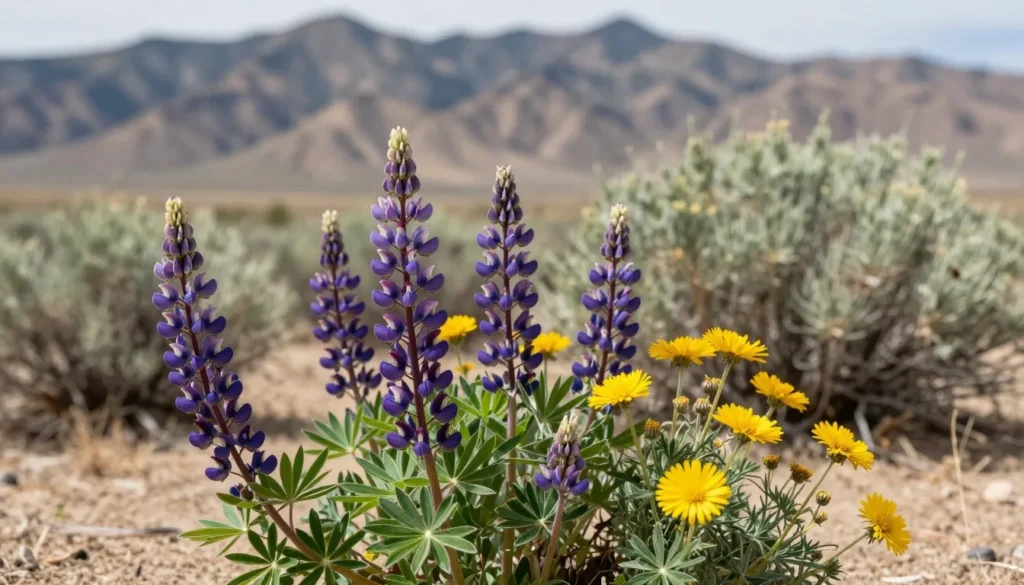 Native desert wildflowers blooming at the base of Mount Lewis Native desert wildflowers blooming at the base of Mount Lewis