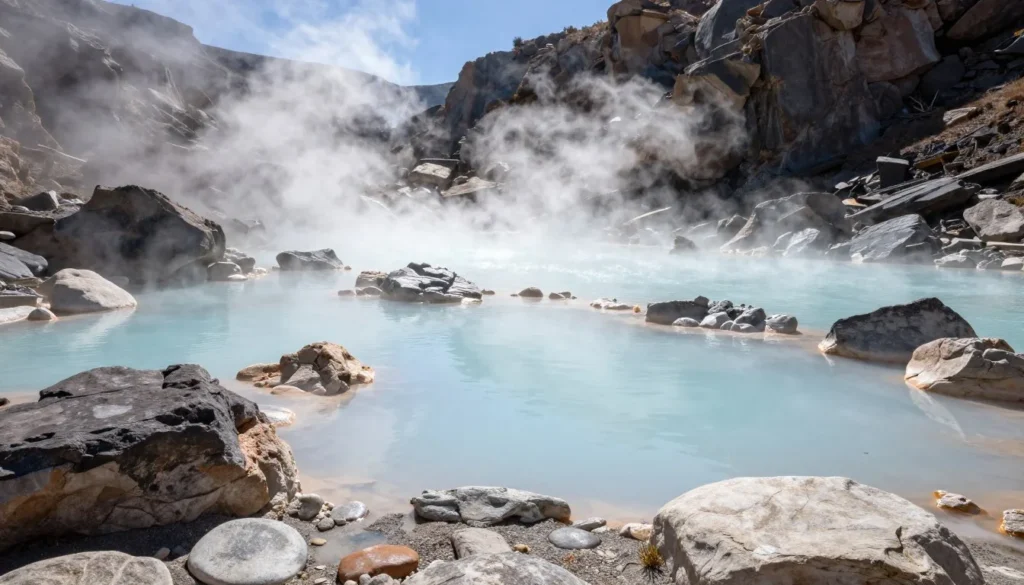 Natural hot spring pools with steam rising from turquoise mineral water surrounded by smooth river rocks and mountain scenery Natural hot spring pools with steam rising from turquoise mineral water surrounded by smooth river rocks and mountain scenery