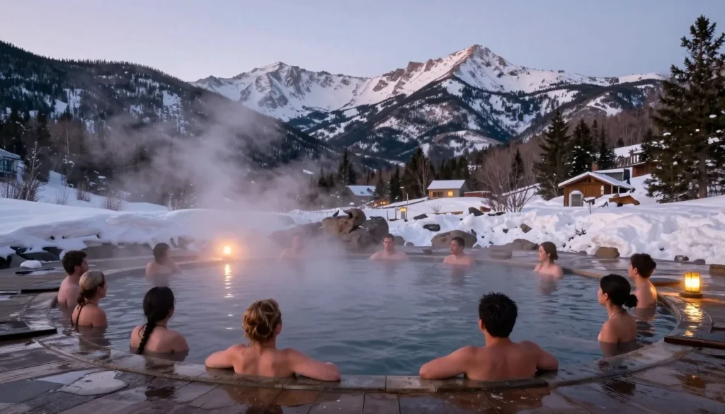 Natural hot springs pool with mountain views in winter Colorado Natural hot springs pool with mountain views in winter Colorado