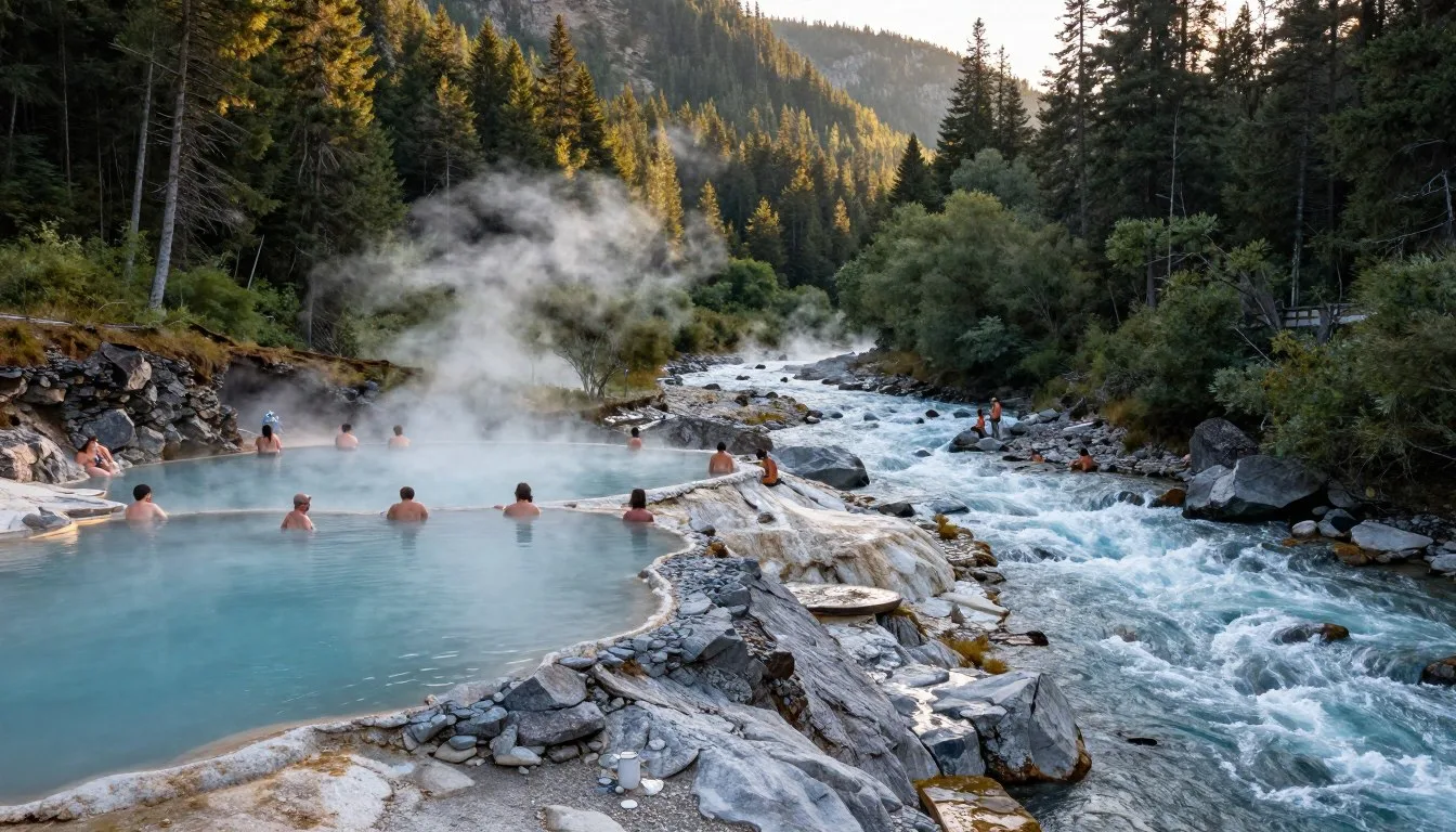 Natural-hot-springs-pools-along-Crystal-River-with-steam-rising-at-sunset-in-Colorado-mountains Natural hot springs pools along Crystal River with steam rising at sunset in Colorado mountains