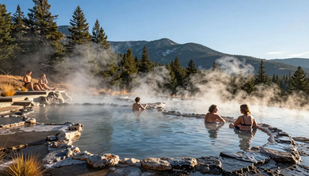 Natural hot springs pools at Mount Princeton with steam rising and mountain backdrop Natural hot springs pools at Mount Princeton with steam rising and mountain backdrop