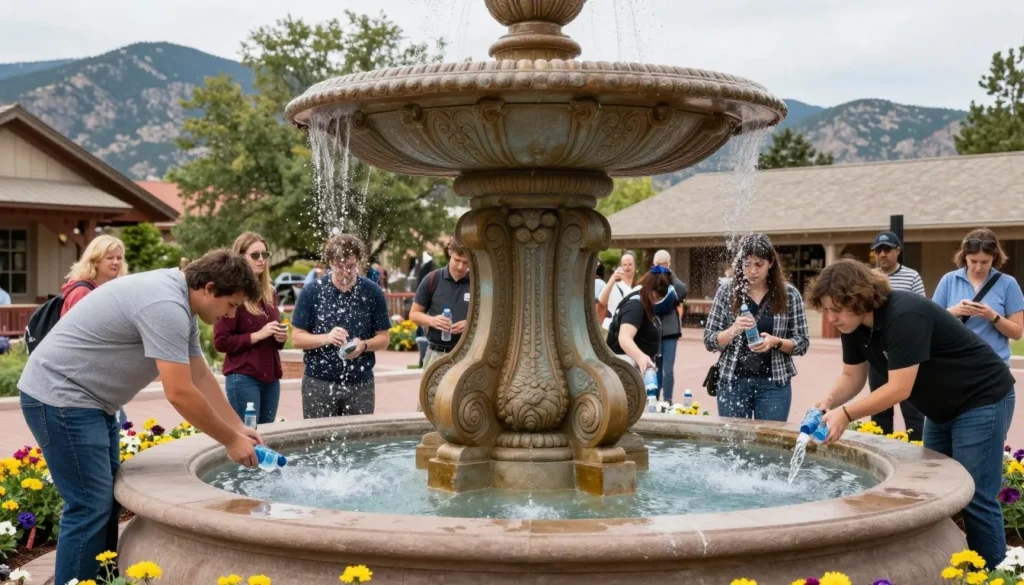 Natural mineral spring fountain in Manitou Springs with visitors sampling water Natural mineral spring fountain in Manitou Springs with visitors sampling water