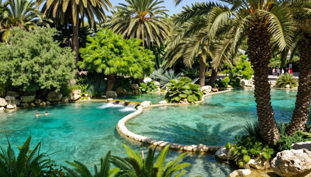 Natural spring pools at Gan HaShlosha National Park with clear blue water surrounded by lush vegetation and visitors swimming