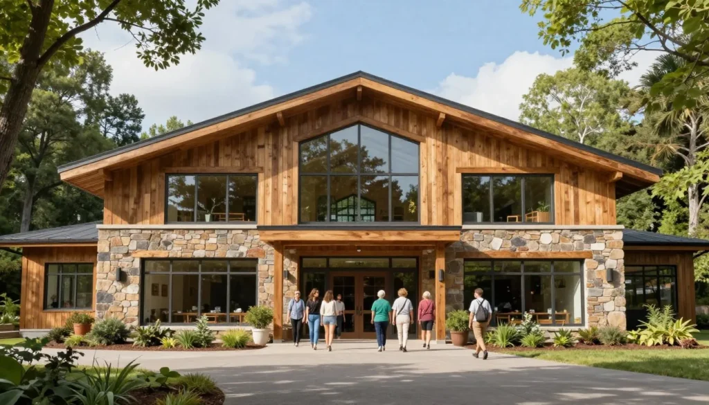 Nature center building exterior with visitors entering under trees