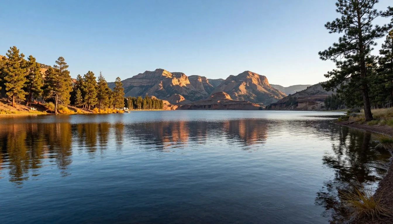 Navajo-Lake-Colorado-shoreline-with-mountain-backdrop-during-golden-hour Navajo Lake Colorado shoreline with mountain backdrop during golden hour