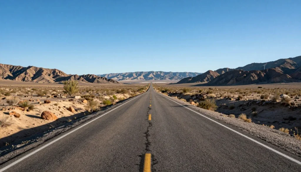Nevada desert highway stretching into distance with mountain views Nevada desert highway stretching into distance with mountain views