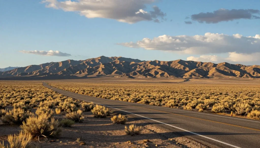 Nevada high desert landscape with winding road through sagebrush leading toward distant mountain ranges Nevada high desert landscape with winding road through sagebrush leading toward distant mountain ranges