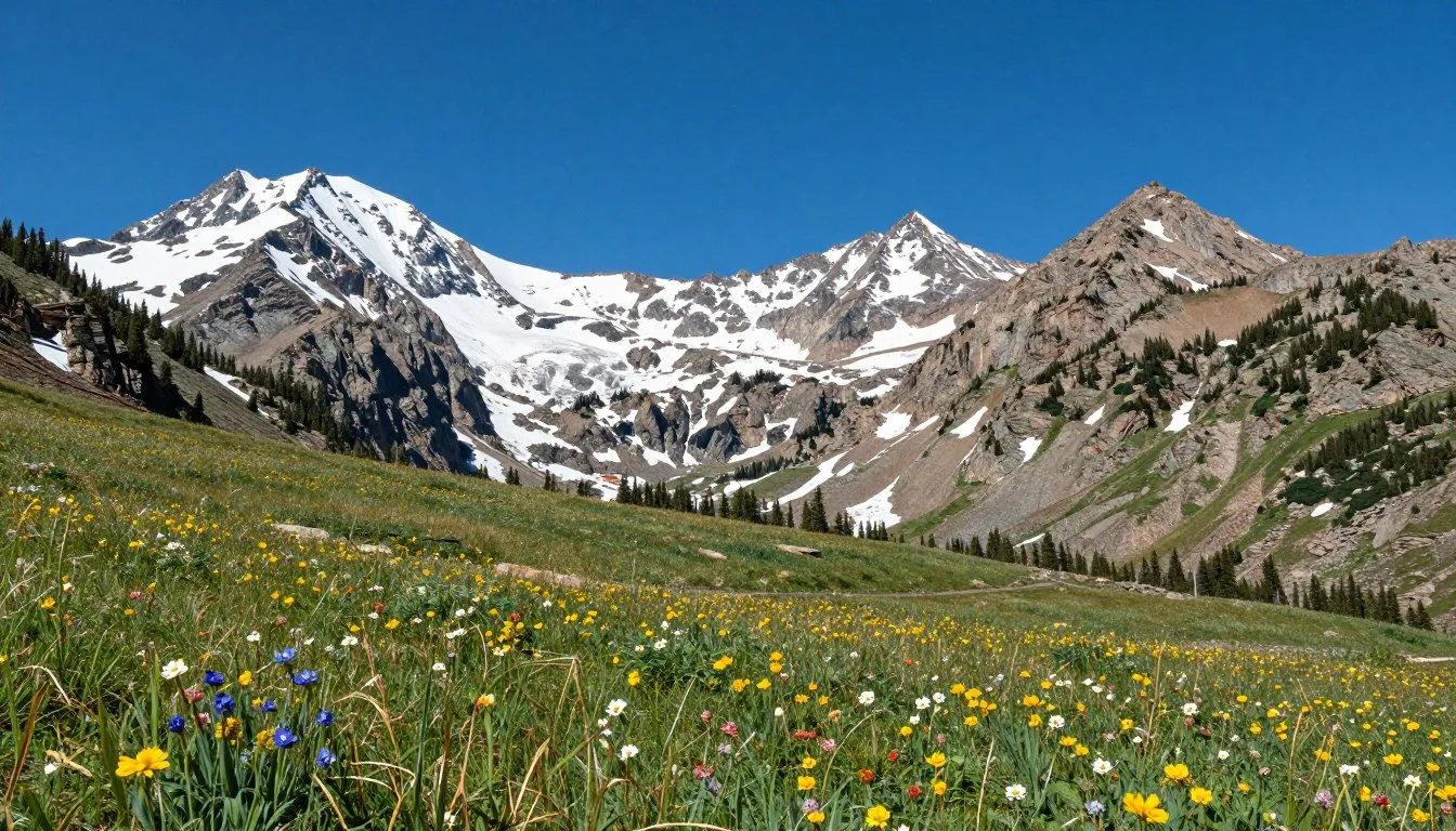 Never Summer Mountains Colorado panoramic view showing snow-capped peaks against blue sky