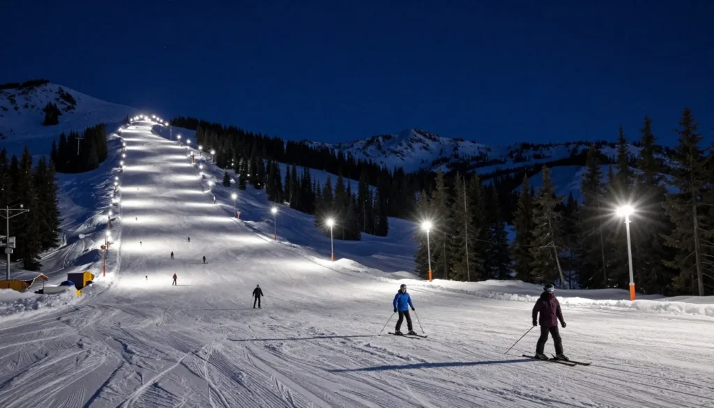 Night skiing at Granby Ranch with illuminated slopes Night skiing at Granby Ranch with illuminated slopes