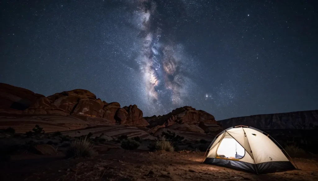 Night sky filled with stars over Grand Staircase rock formations and camping area