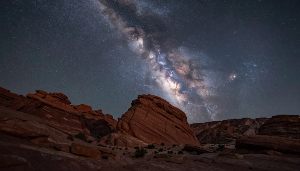 Night sky with Milky Way over Gold Butte rock formations Night sky with Milky Way over Gold Butte rock formations