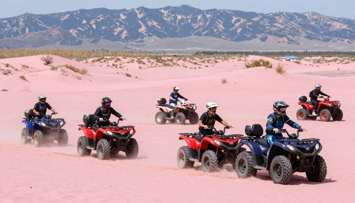 Off-highway vehicles racing across pink sand dunes at Jordan River OHV Park with Salt Lake Valley in background
