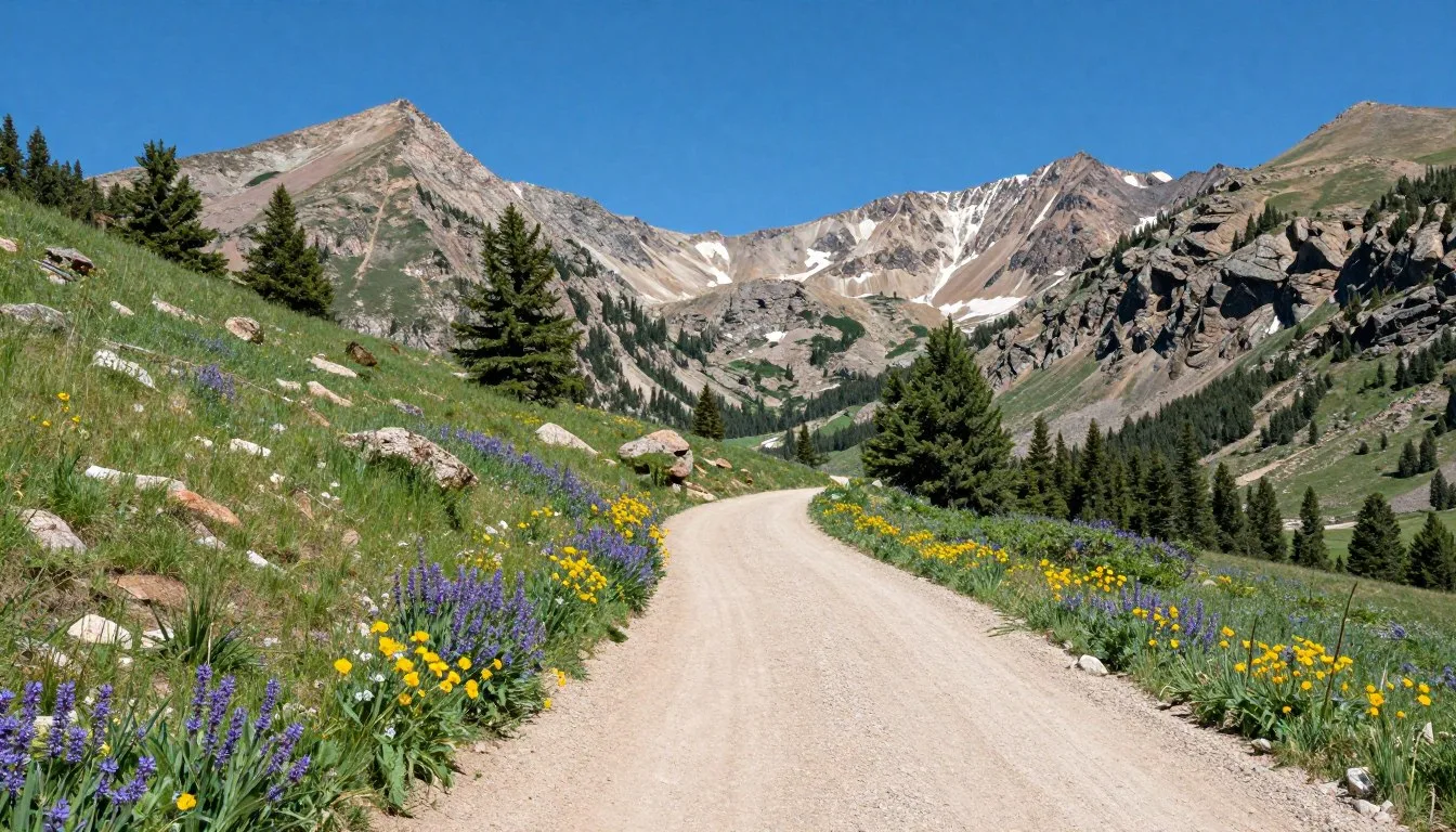 Ophir Pass Road Colorado winding through San Juan Mountains with wildflowers