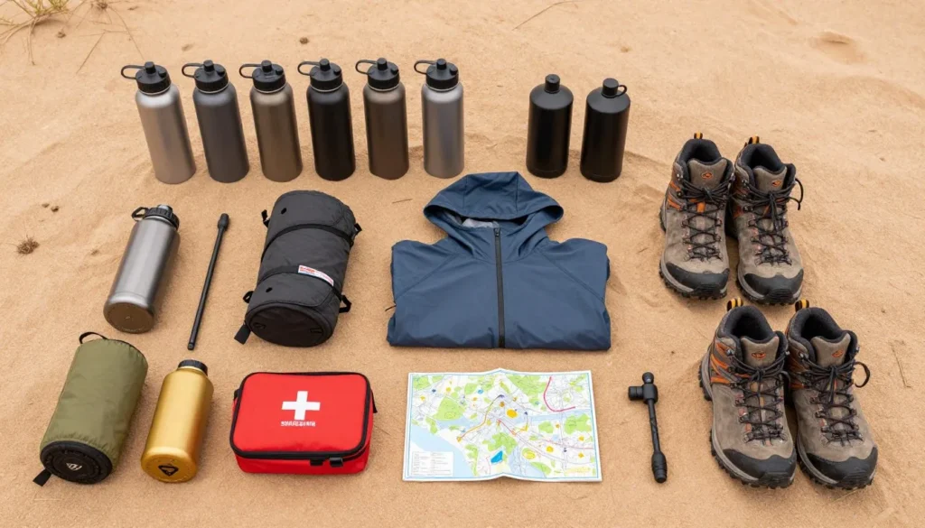 Organized camping gear and supplies laid out for Lake Mead trip