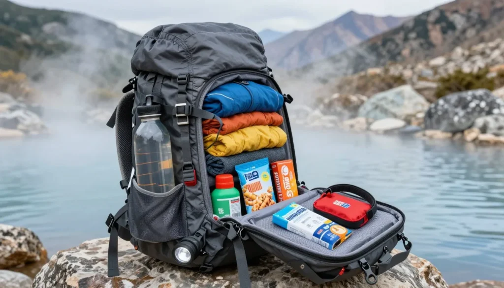 Organized daypack contents showing proper planning for outdoor hot springs visit
