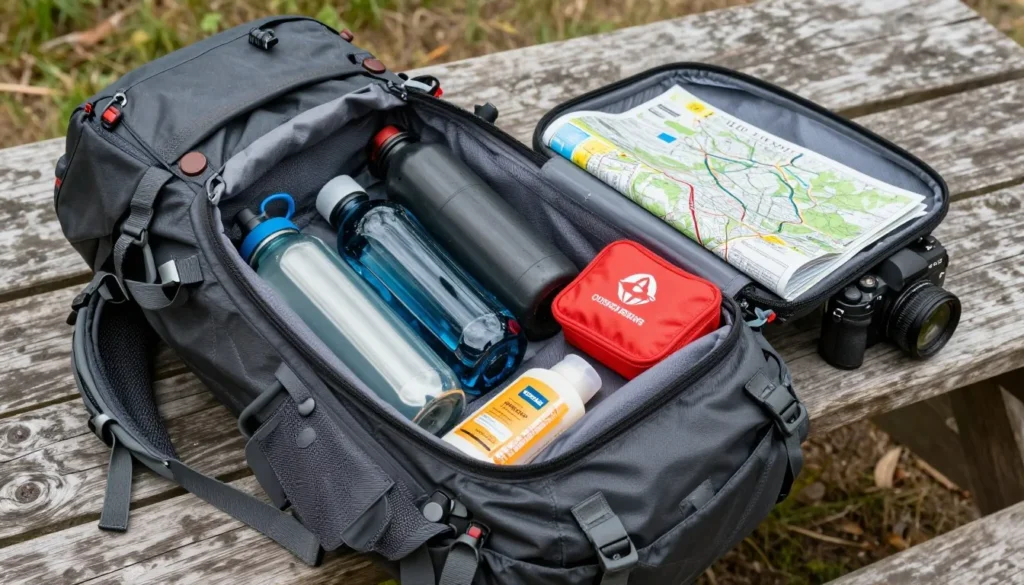 Organized hiking backpack with water bottles, map, and outdoor gear