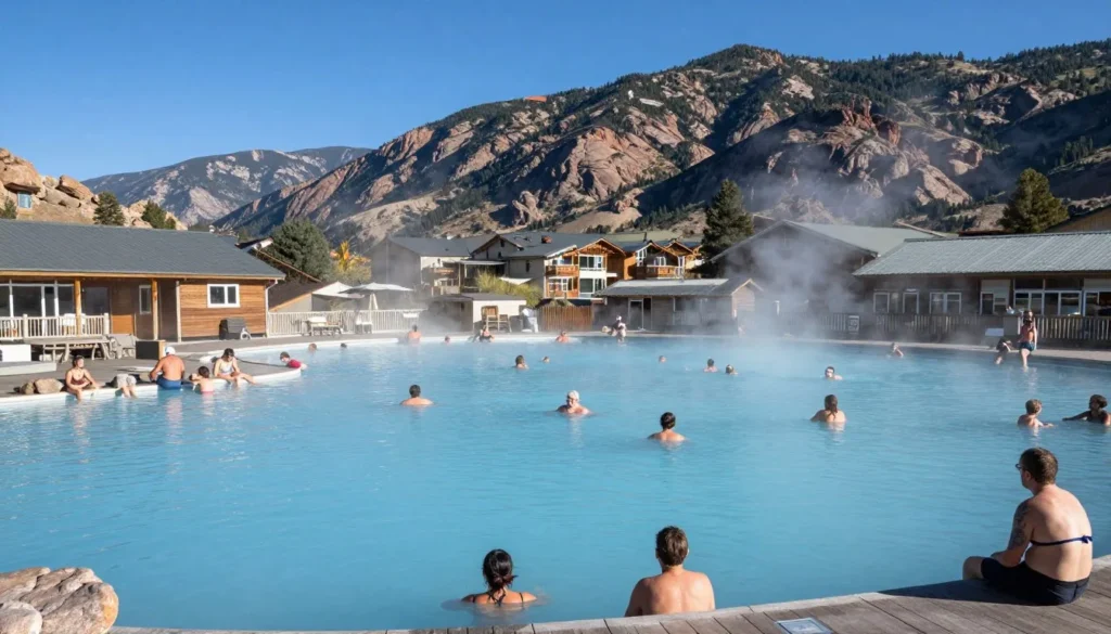 Ouray Hot Springs Pool facility with multiple pools and mountain backdrop Ouray Hot Springs Pool facility with multiple pools and mountain backdrop