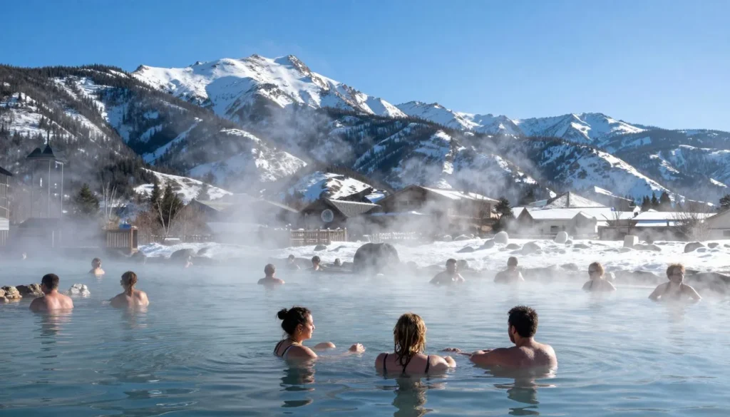 Ouray hot springs pool with steam rising on winter day in Colorado mountains Ouray hot springs pool with steam rising on winter day in Colorado mountains