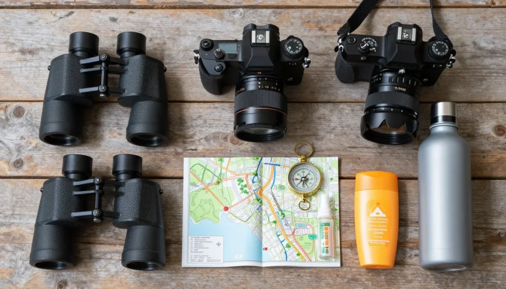 Outdoor adventure gear laid out including binoculars and camera Outdoor adventure gear laid out including binoculars and camera