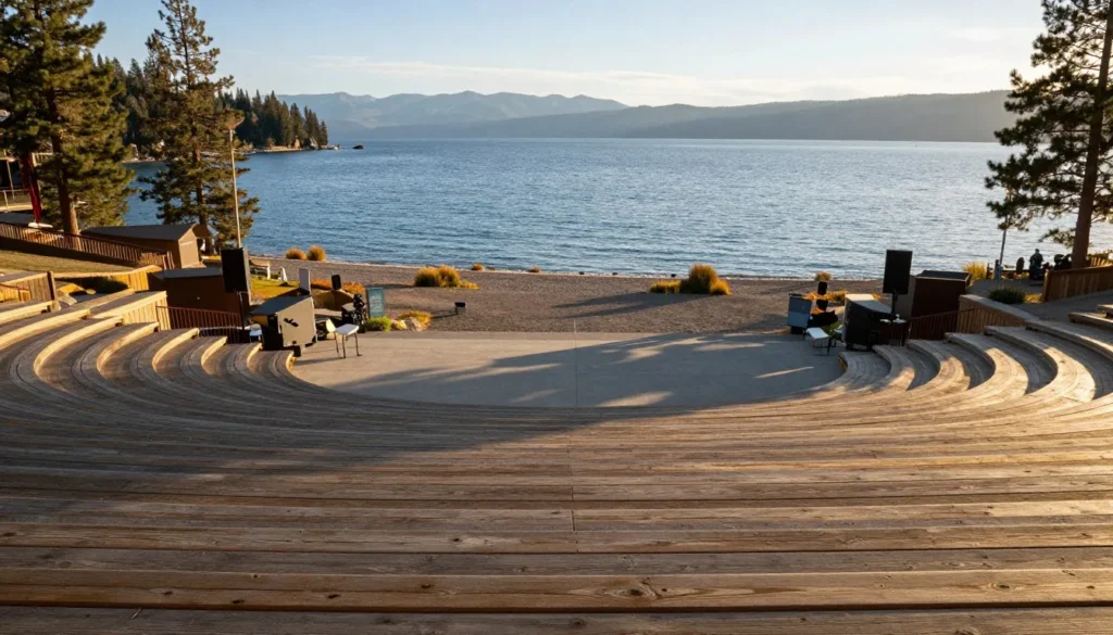 Outdoor amphitheater at Sand Harbor overlooking Lake Tahoe during evening Outdoor amphitheater at Sand Harbor overlooking Lake Tahoe during evening