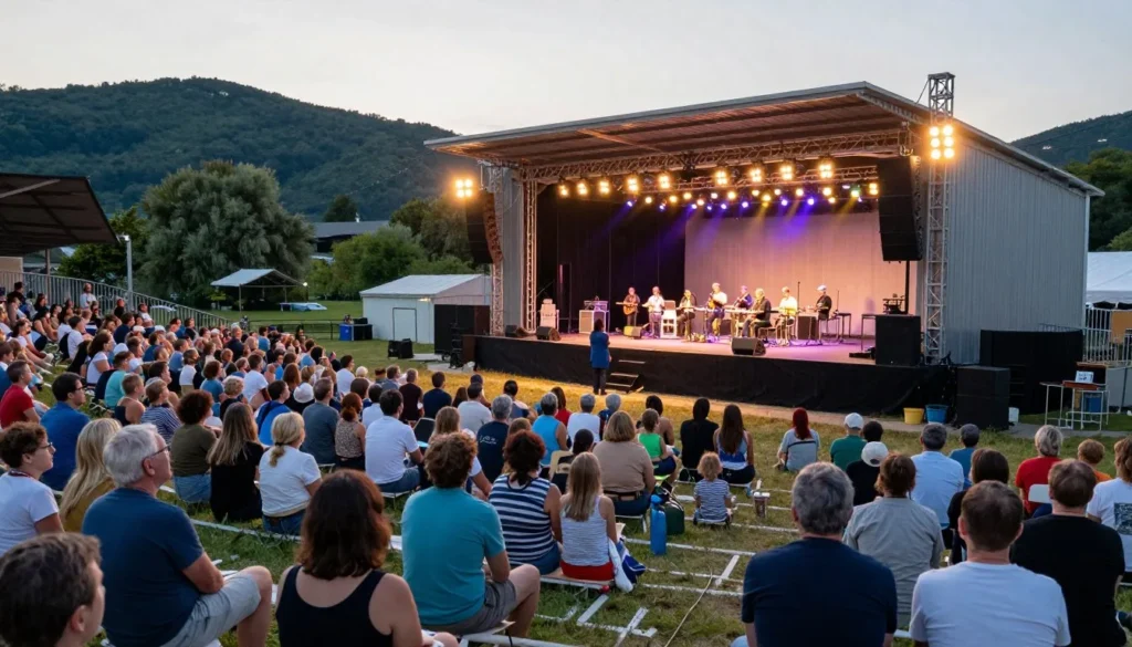Outdoor amphitheater with live music performance and audience