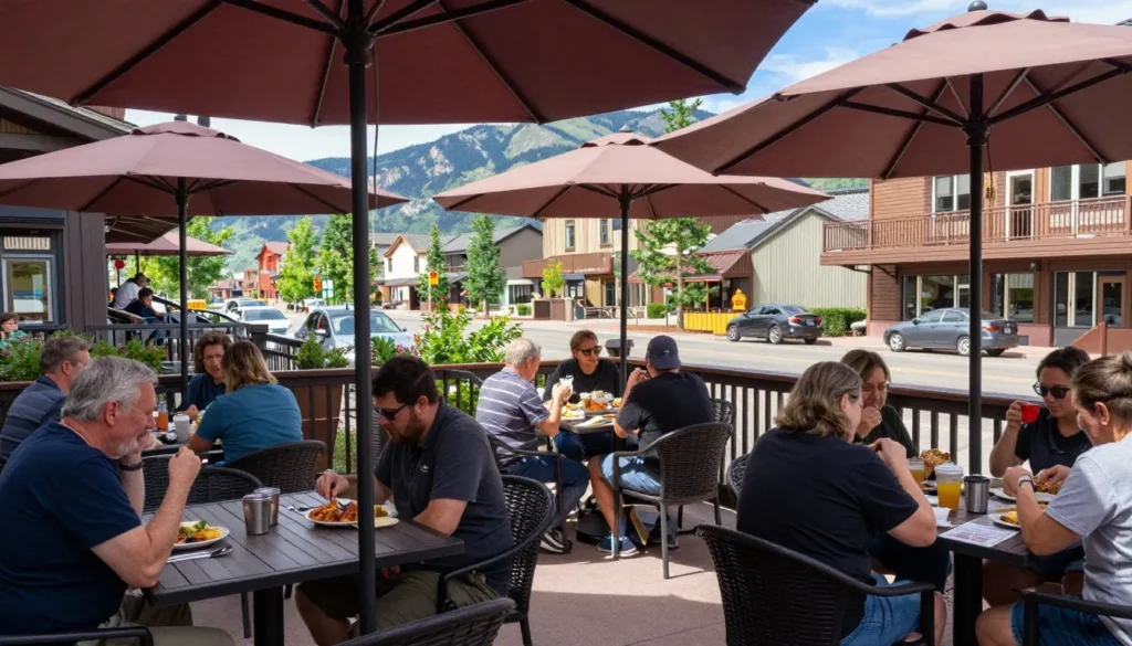 Outdoor cafe dining area with mountain backdrop and diverse customers Outdoor cafe dining area with mountain backdrop and diverse customers