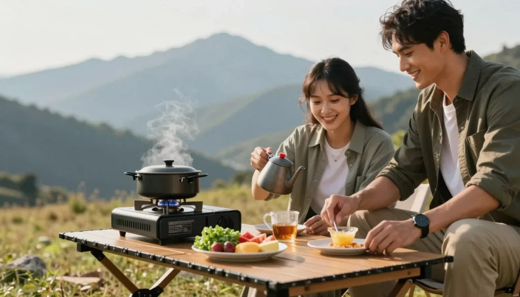 Outdoor camping meal preparation at Spinney Mountain with mountain backdrop Outdoor camping meal preparation at Spinney Mountain with mountain backdrop