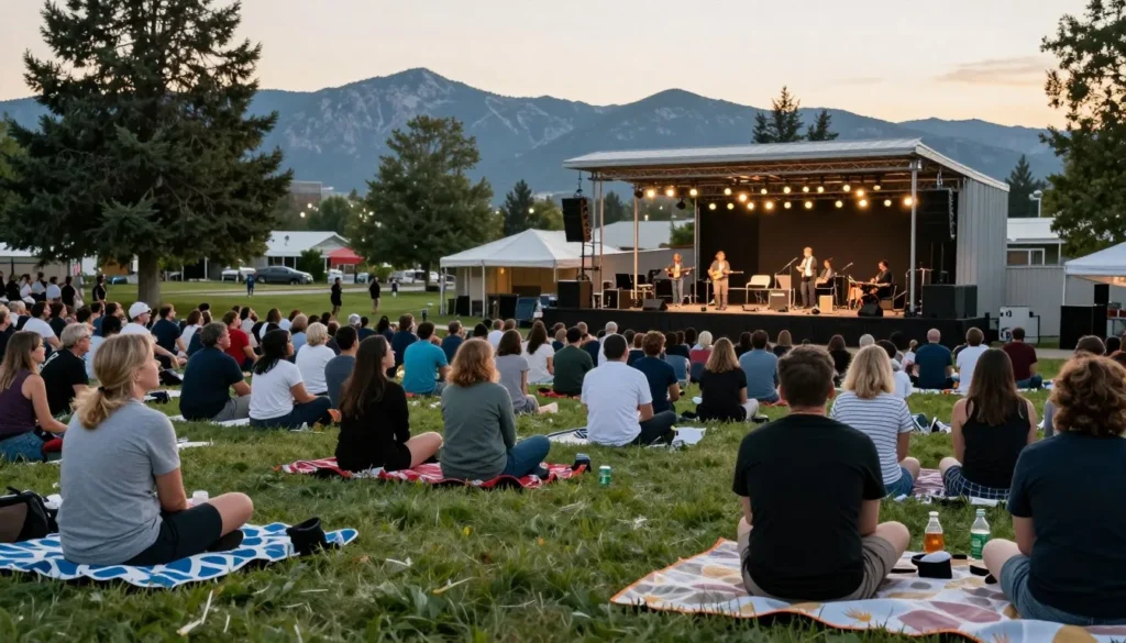 Outdoor concert venue with diverse audience enjoying evening performance Outdoor concert venue with diverse audience enjoying evening performance