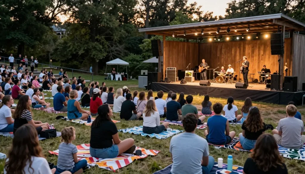 Outdoor concert with diverse audience enjoying music in natural amphitheater setting