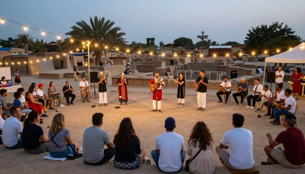 Outdoor cultural festival celebration with diverse visitors enjoying traditional music and performances in Beit Shean
