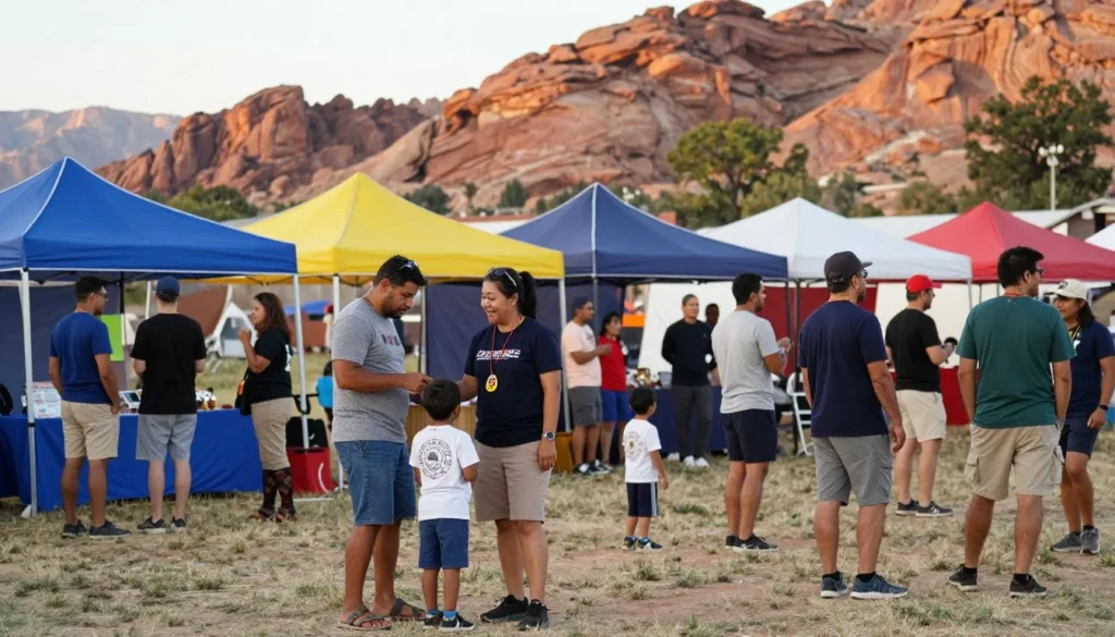 Outdoor cultural festival with diverse attendees enjoying performances against backdrop of red rock formations
