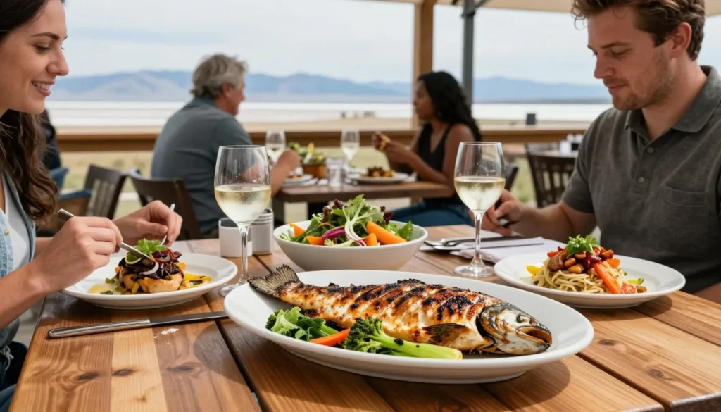 Outdoor dining scene with local Utah cuisine and Great Salt Lake views Outdoor dining scene with local Utah cuisine and Great Salt Lake views