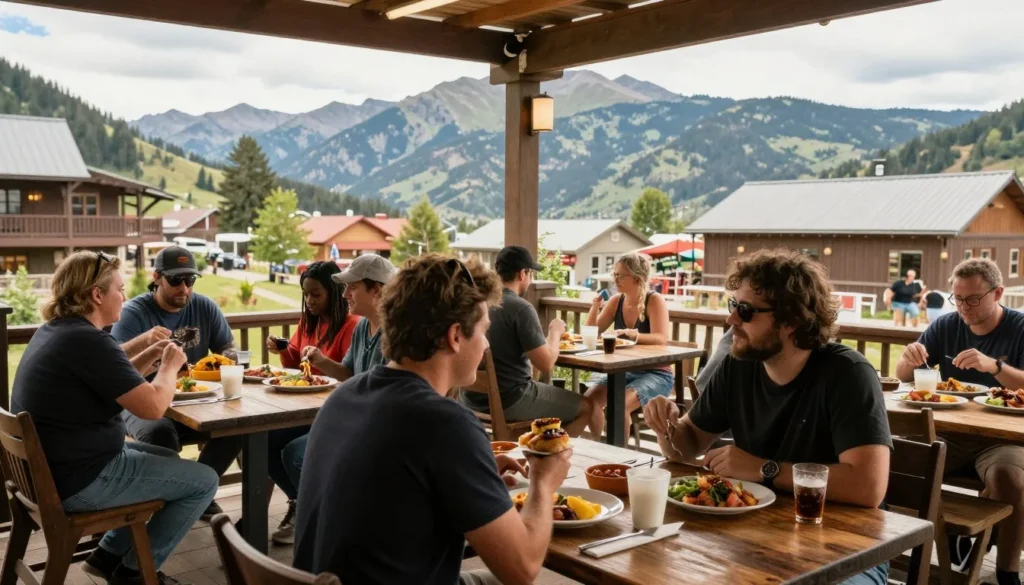 Outdoor dining scene with mountain views and diverse diners enjoying meals
