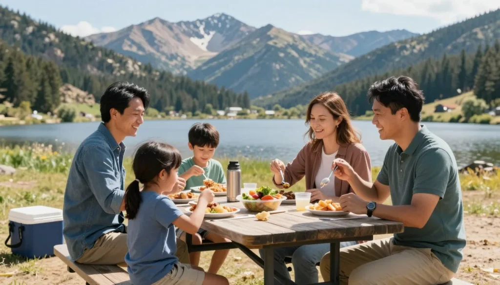 Outdoor dining setup at Spinney Mountain with mountain scenery Outdoor dining setup at Spinney Mountain with mountain scenery