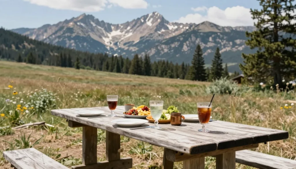 Outdoor dining setup with mountain vista in background