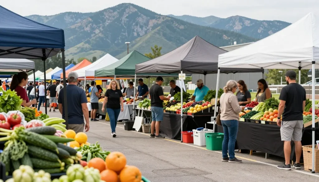 Outdoor farmers market with diverse vendors and shoppers browsing fresh produce