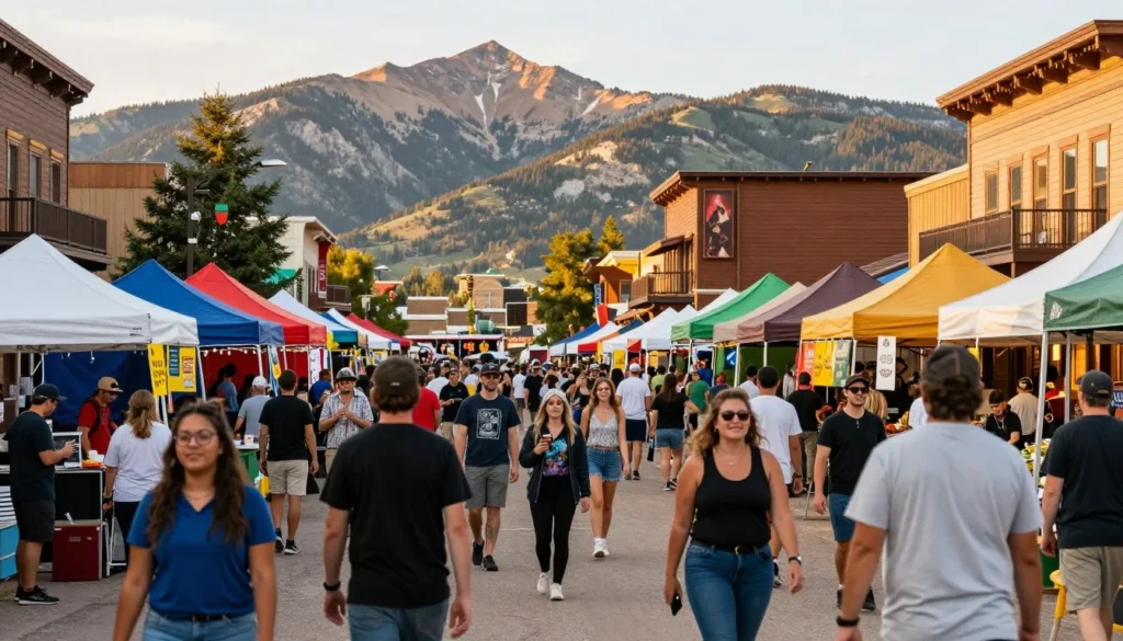 Outdoor festival celebration in mountain town near Mount Sneffels