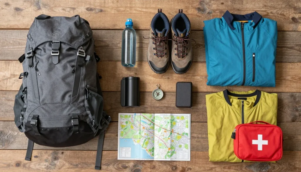 Outdoor gear and essentials laid out for Tennessee wilderness trip