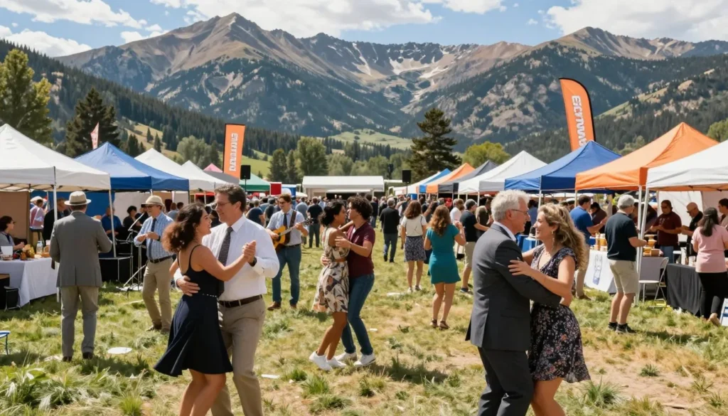 Outdoor mountain festival with diverse crowd enjoying music and mountain views