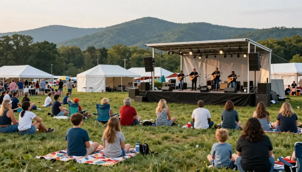 Outdoor music festival in Cedar Island Tennessee with mountain backdrop