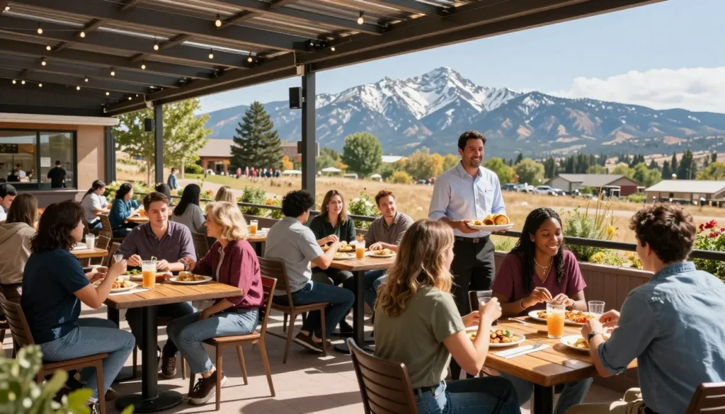 Outdoor patio dining scene with diverse group enjoying meal with mountain views Outdoor patio dining scene with diverse group enjoying meal with mountain views