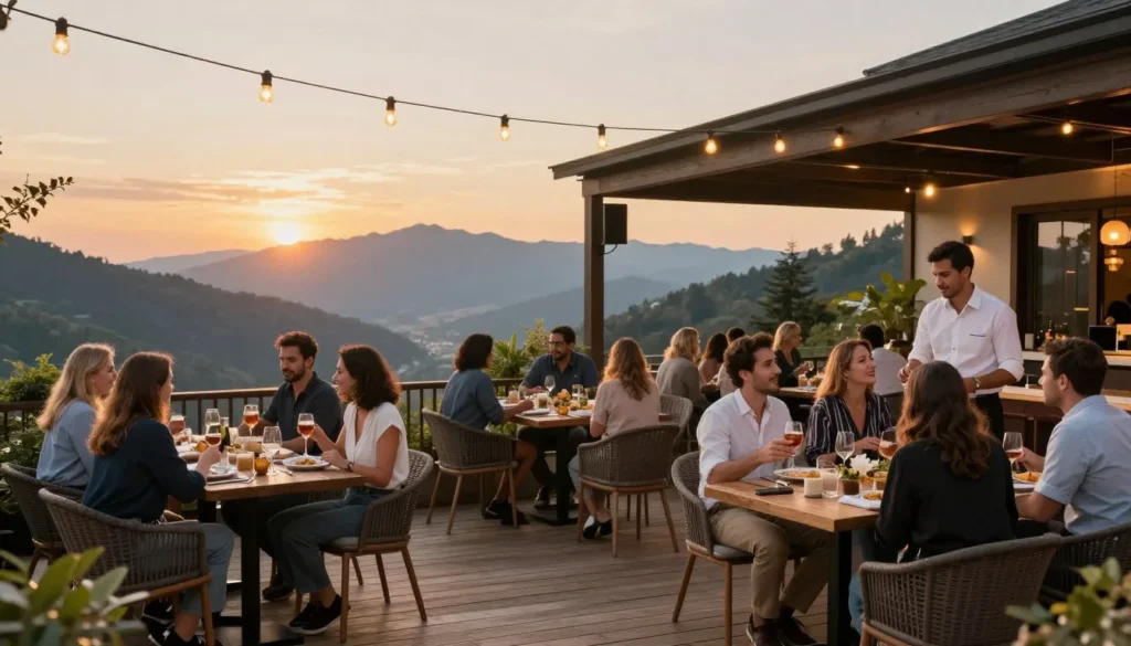 Outdoor patio dining with mountain views and diverse diners enjoying sunset meal Outdoor patio dining with mountain views and diverse diners enjoying sunset meal
